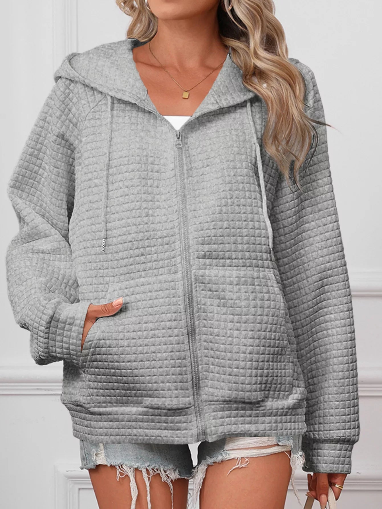 Full Size Textured Quilted Zip - Up Hooded Jacket Plus Size - PBNJ FASHIONS