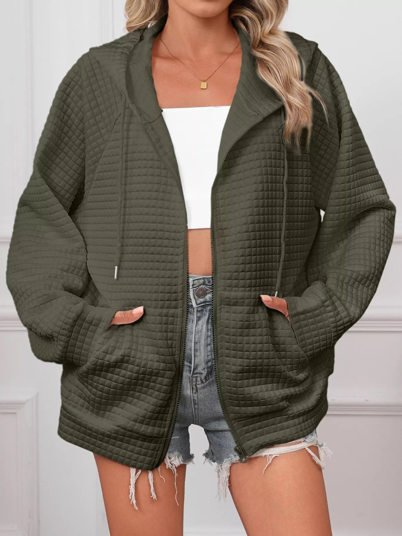 Full Size Textured Quilted Zip - Up Hooded Jacket Plus Size - PBNJ FASHIONS