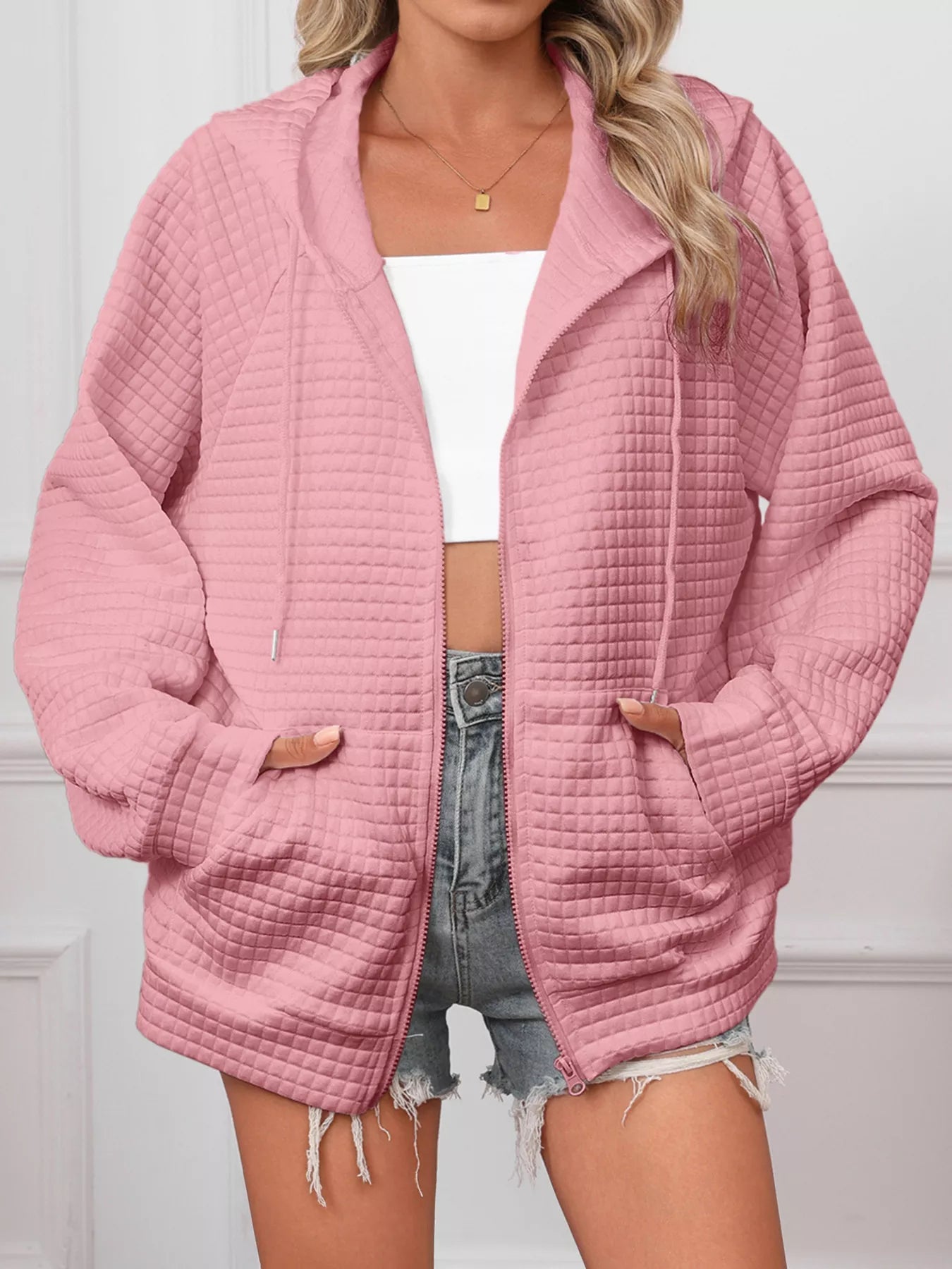 Full Size Textured Quilted Zip - Up Hooded Jacket Plus Size - PBNJ FASHIONS