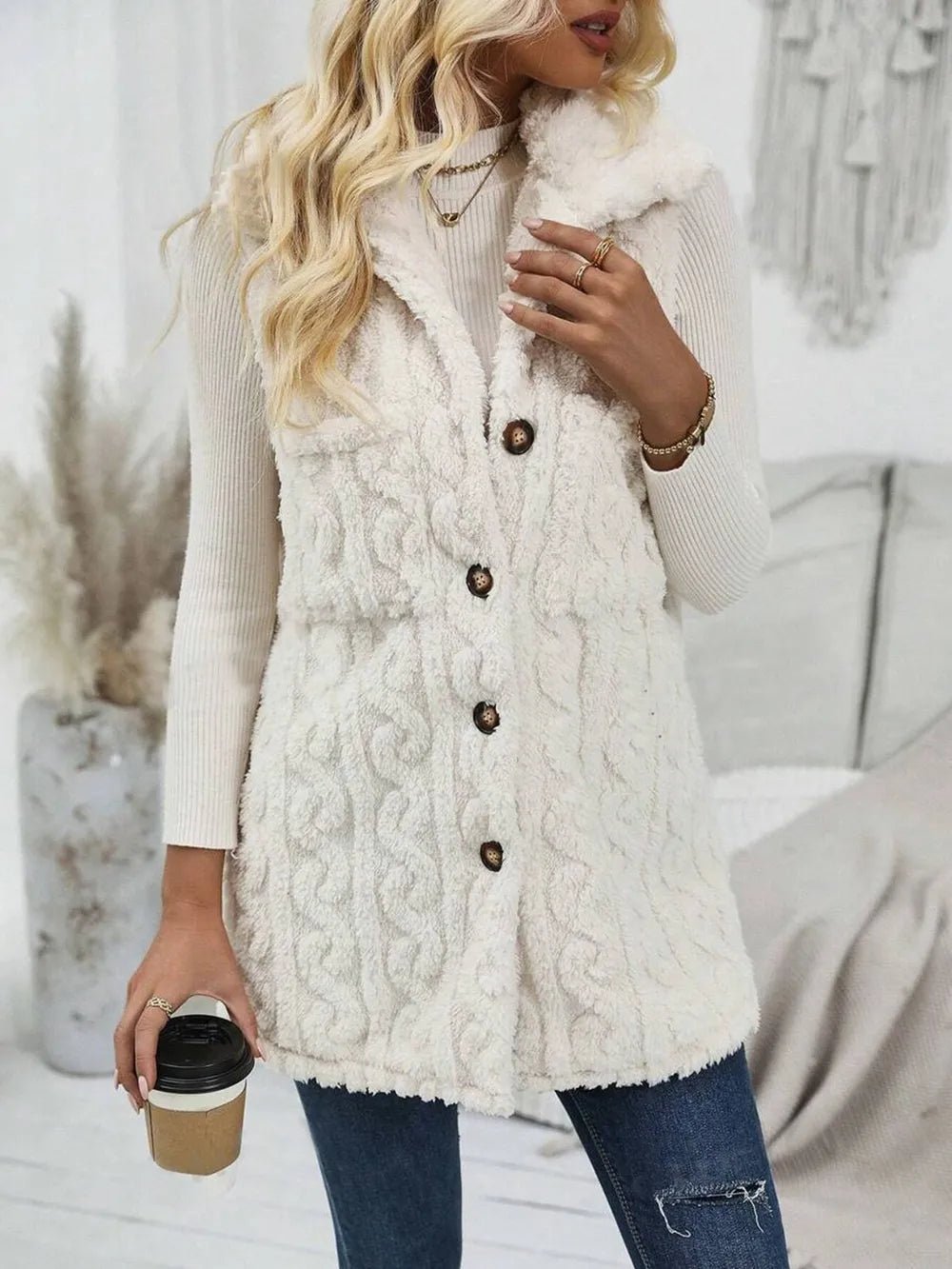 Fuzzy Button Up Vest Coat - PBNJ FASHIONS