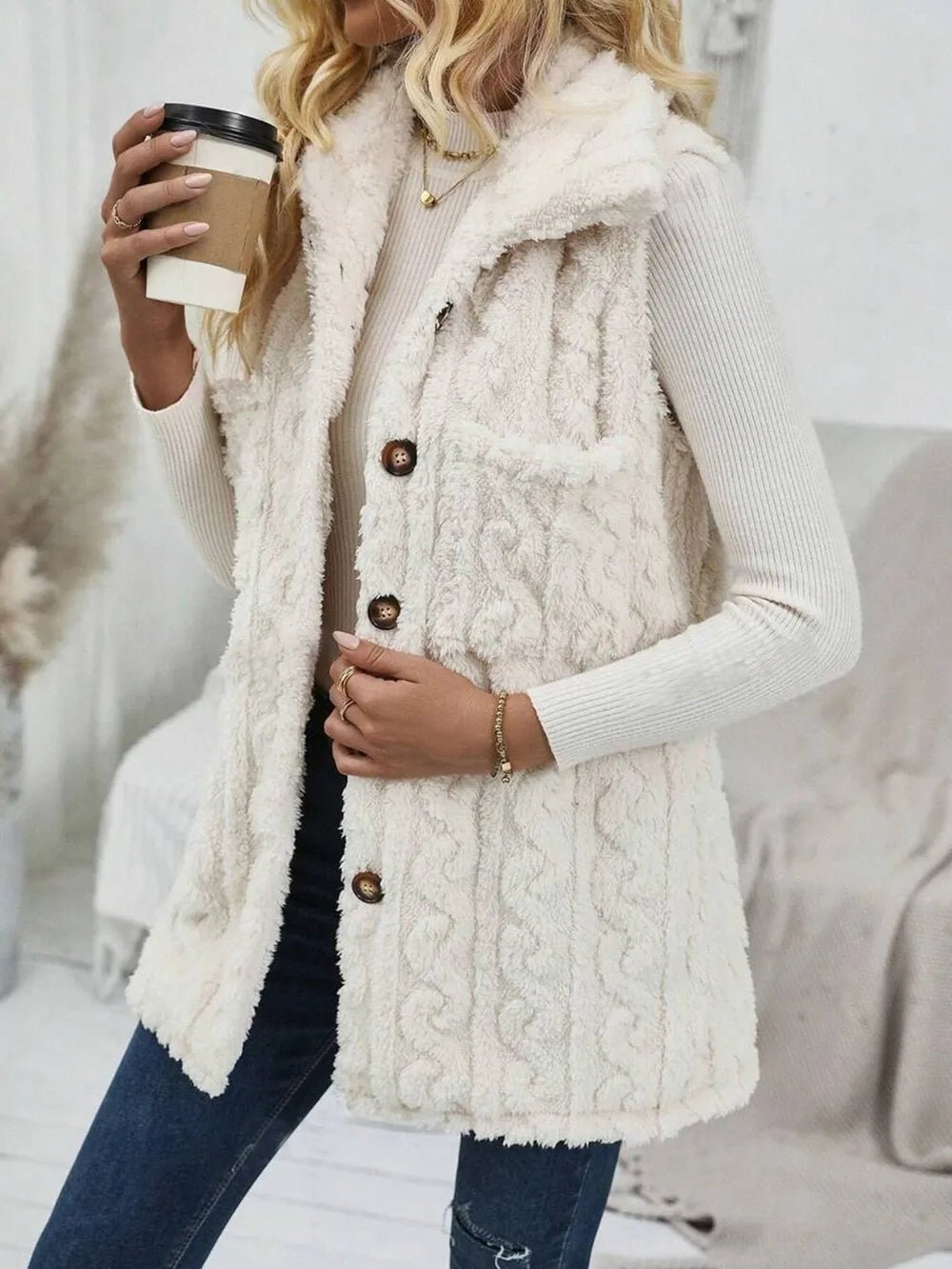 Fuzzy Button Up Vest Coat - PBNJ FASHIONS