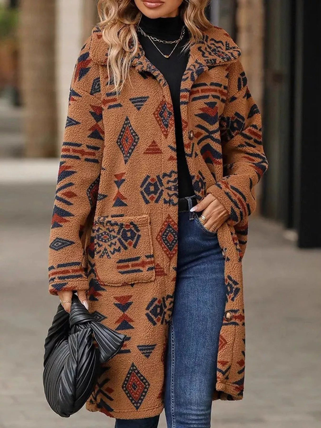 Geometric Button Up Longline Coat - PBNJ FASHIONS