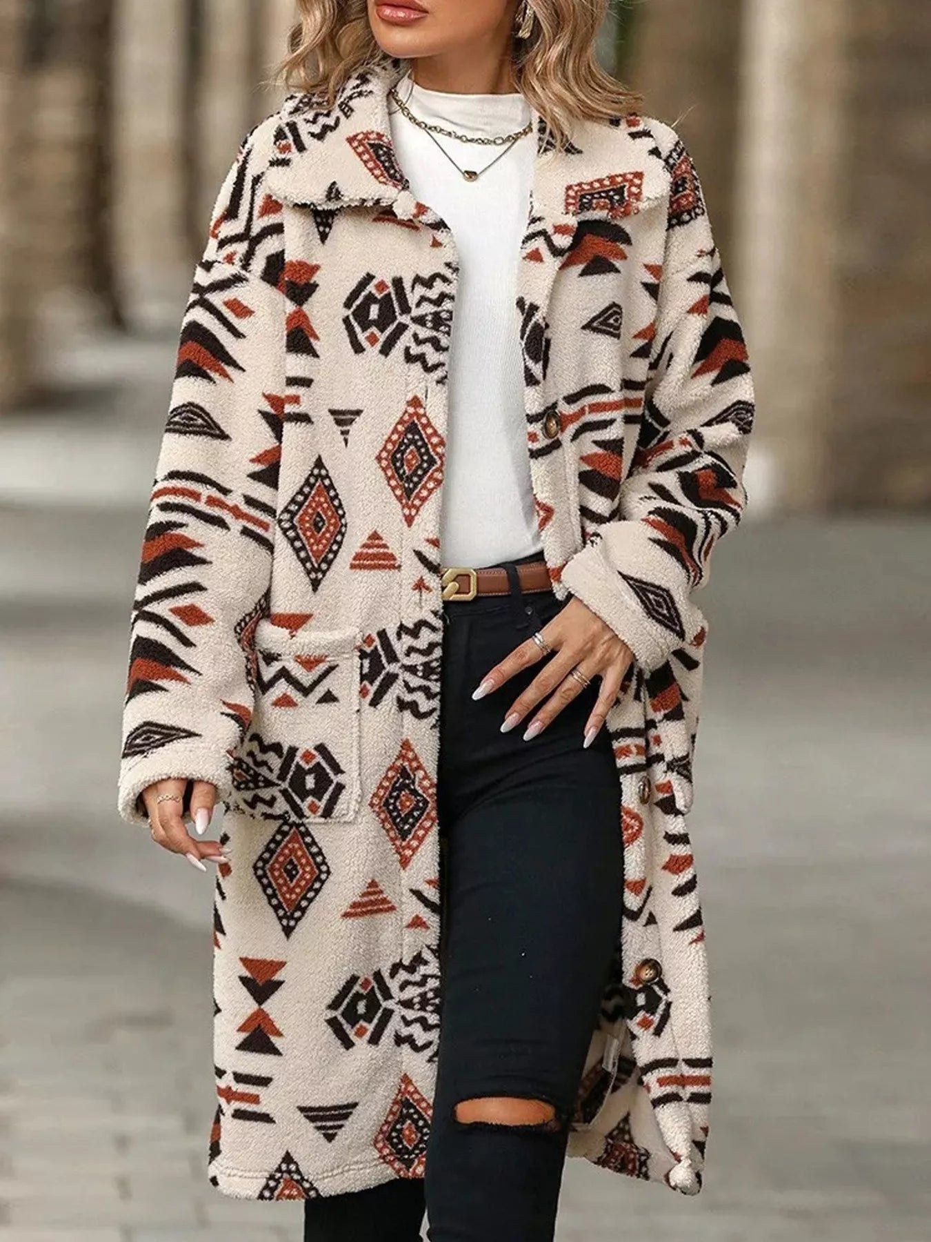 Geometric Button Up Longline Coat - PBNJ FASHIONS