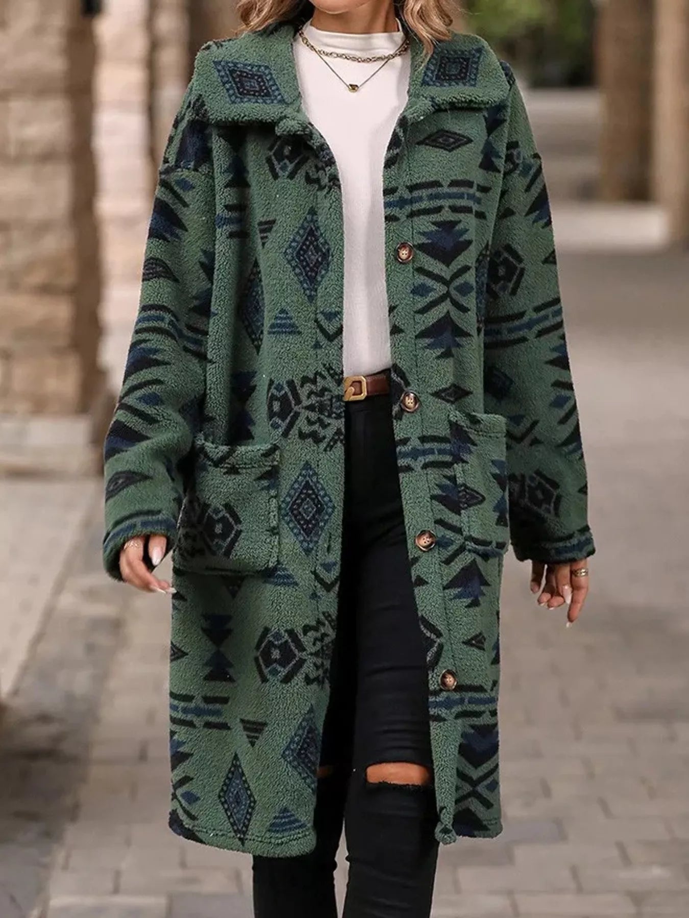 Geometric Button Up Longline Coat - PBNJ FASHIONS