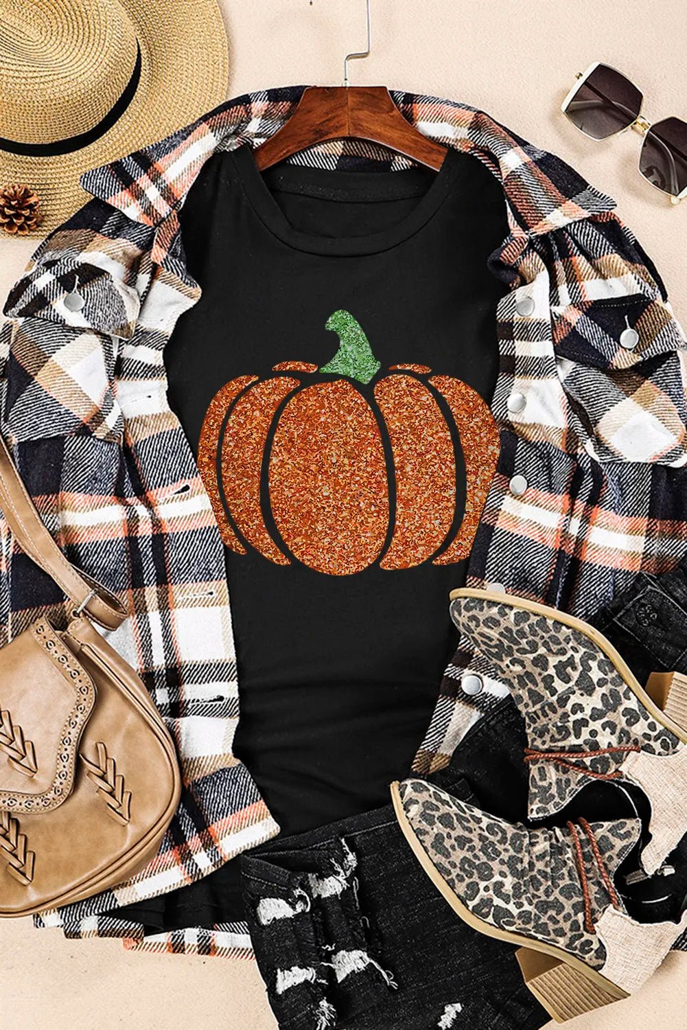 Glitter Pumpkin Round Neck Short Sleeve T-Shirt - PBNJ FASHIONS