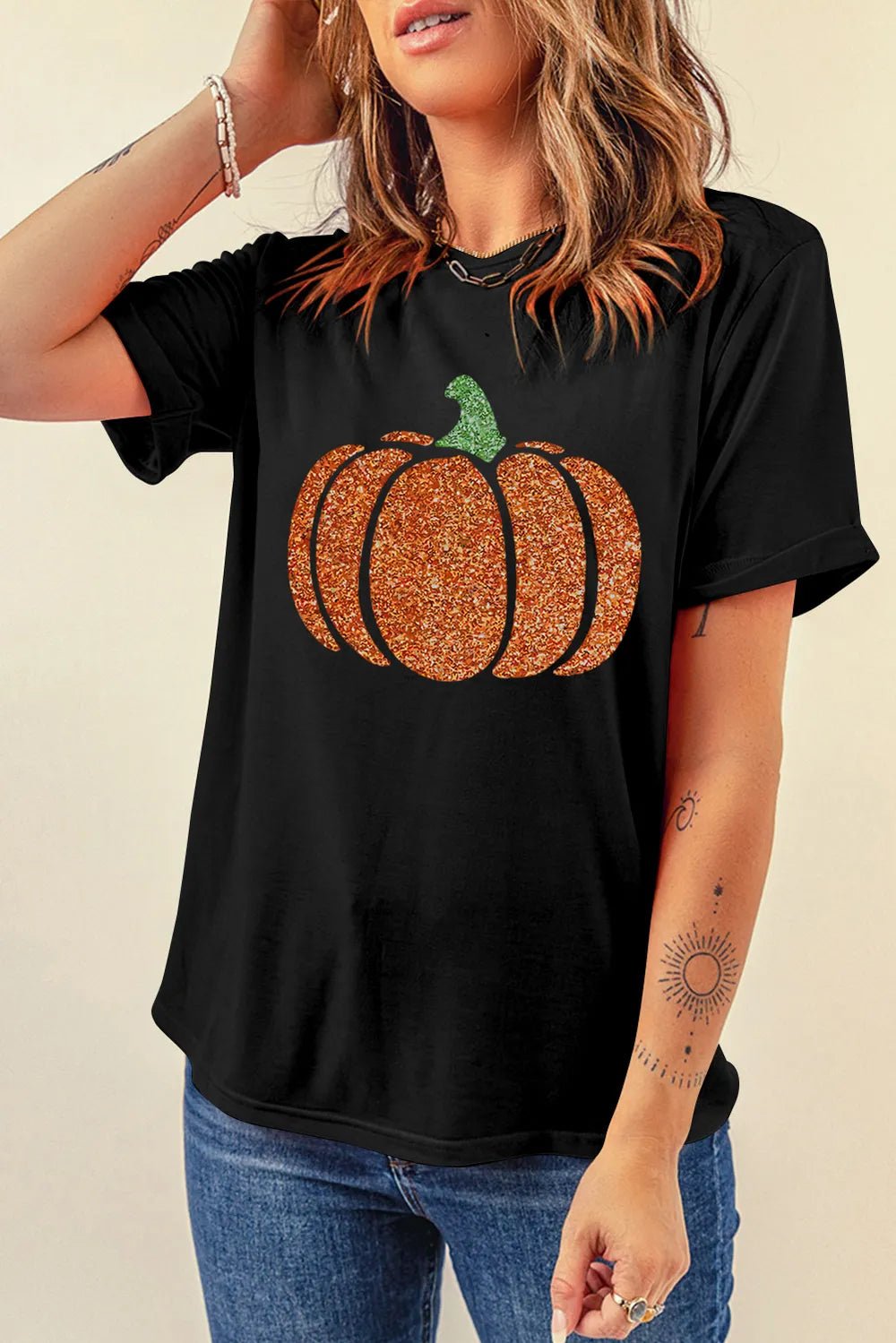Glitter Pumpkin Round Neck Short Sleeve T-Shirt - PBNJ FASHIONS