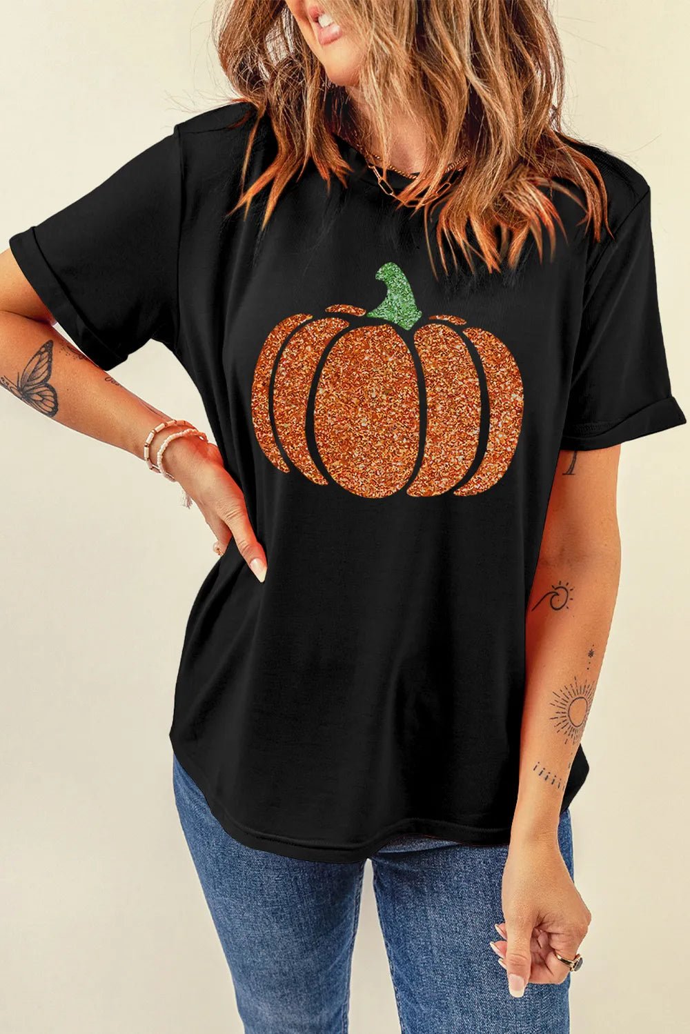 Glitter Pumpkin Round Neck Short Sleeve T-Shirt - PBNJ FASHIONS
