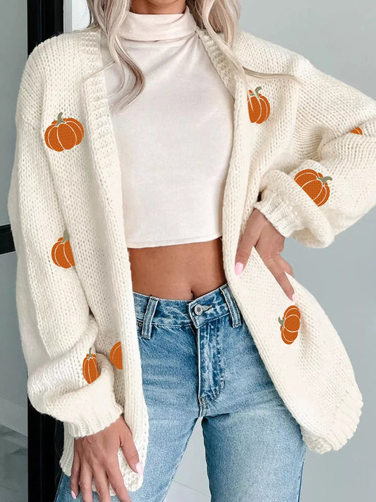 Halloween Pumpkin Embroidered Knit Cardigan - PBNJ FASHIONS