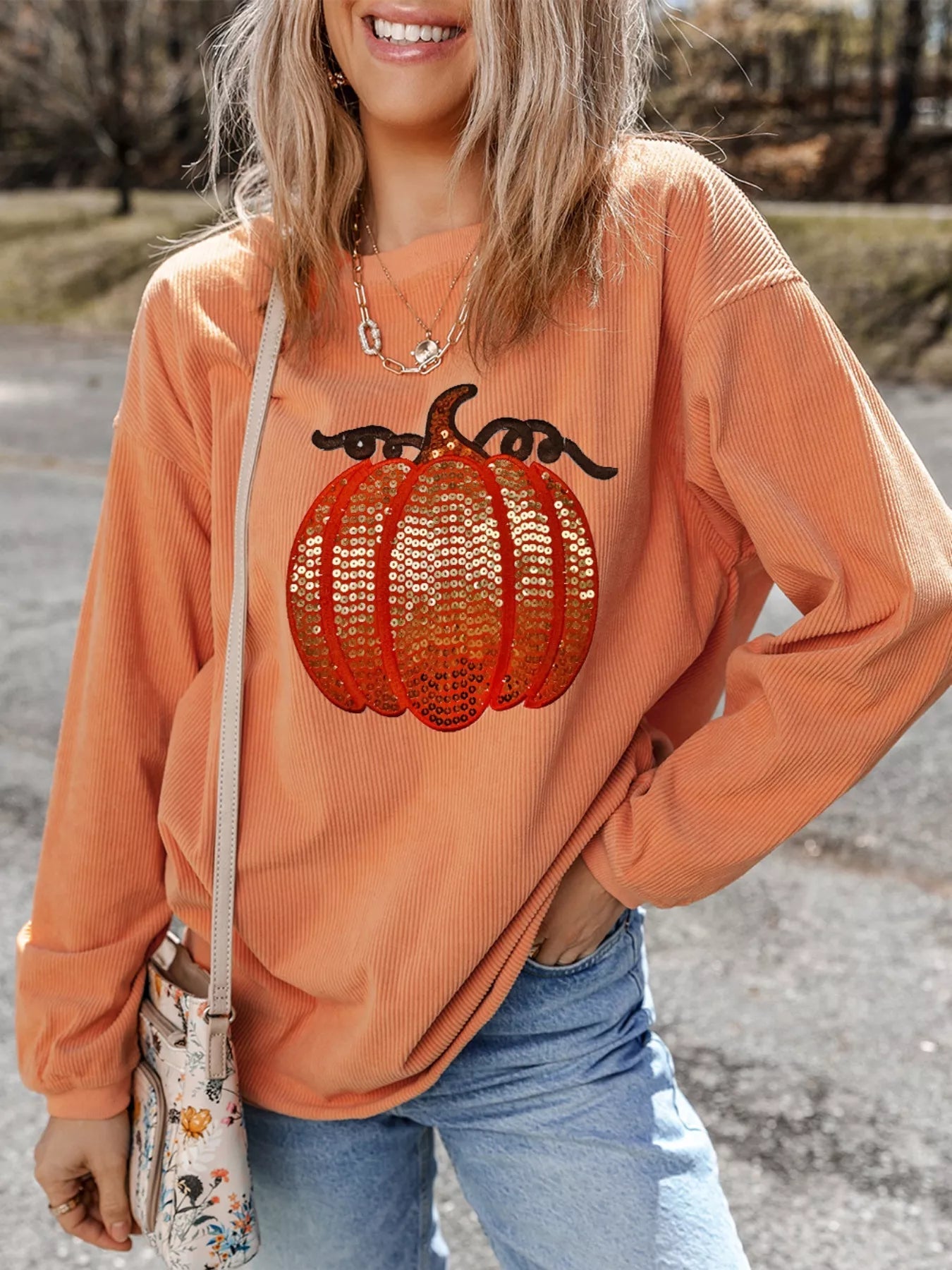 Halloween Sequined Pumpkin Ribbed Round Neck Sweatshirt - PBNJ FASHIONS