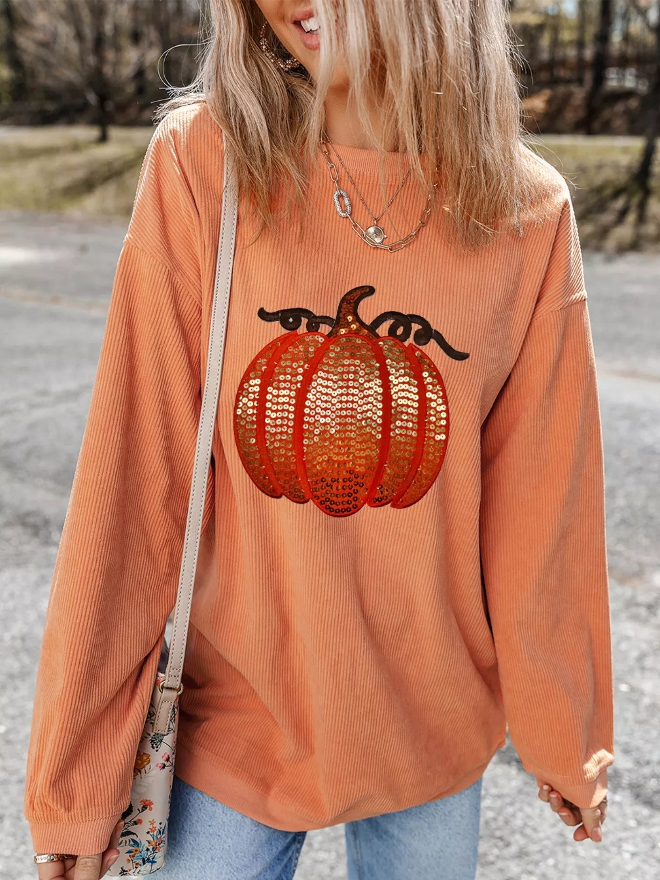 Halloween Sequined Pumpkin Ribbed Round Neck Sweatshirt - PBNJ FASHIONS