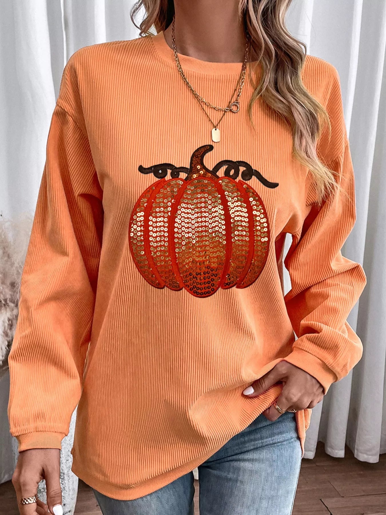 Halloween Sequined Pumpkin Ribbed Round Neck Sweatshirt - PBNJ FASHIONS