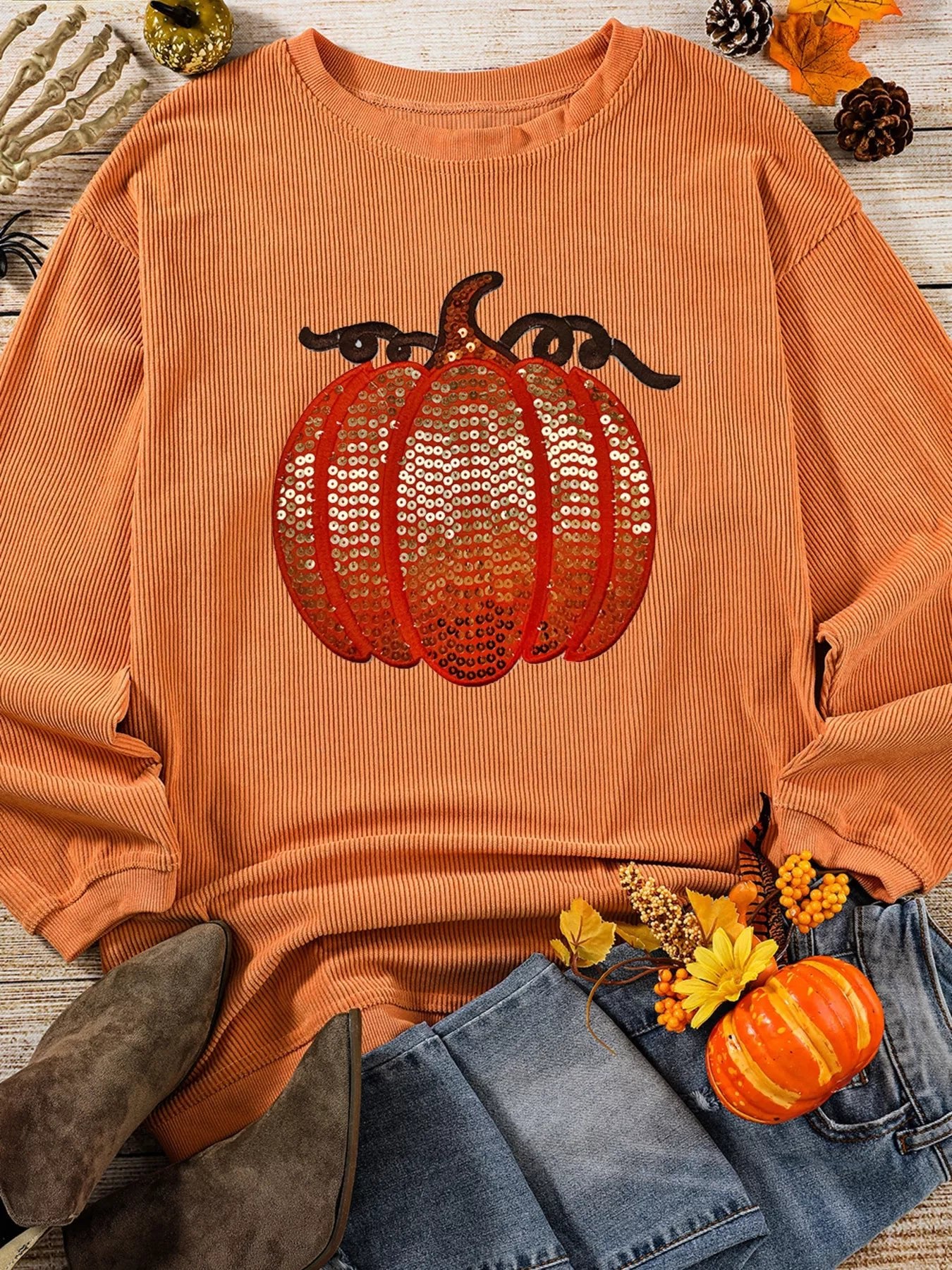 Halloween Sequined Pumpkin Ribbed Round Neck Sweatshirt - PBNJ FASHIONS