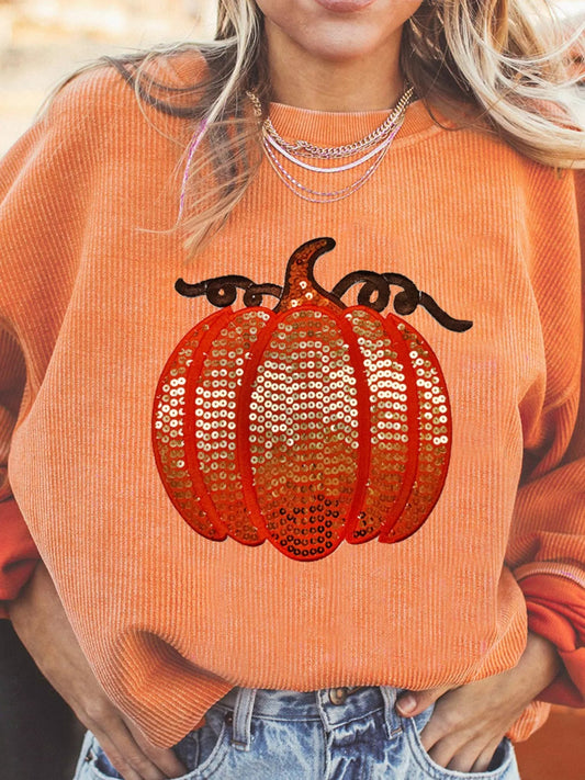 Halloween Sequined Pumpkin Ribbed Round Neck Sweatshirt - PBNJ FASHIONS