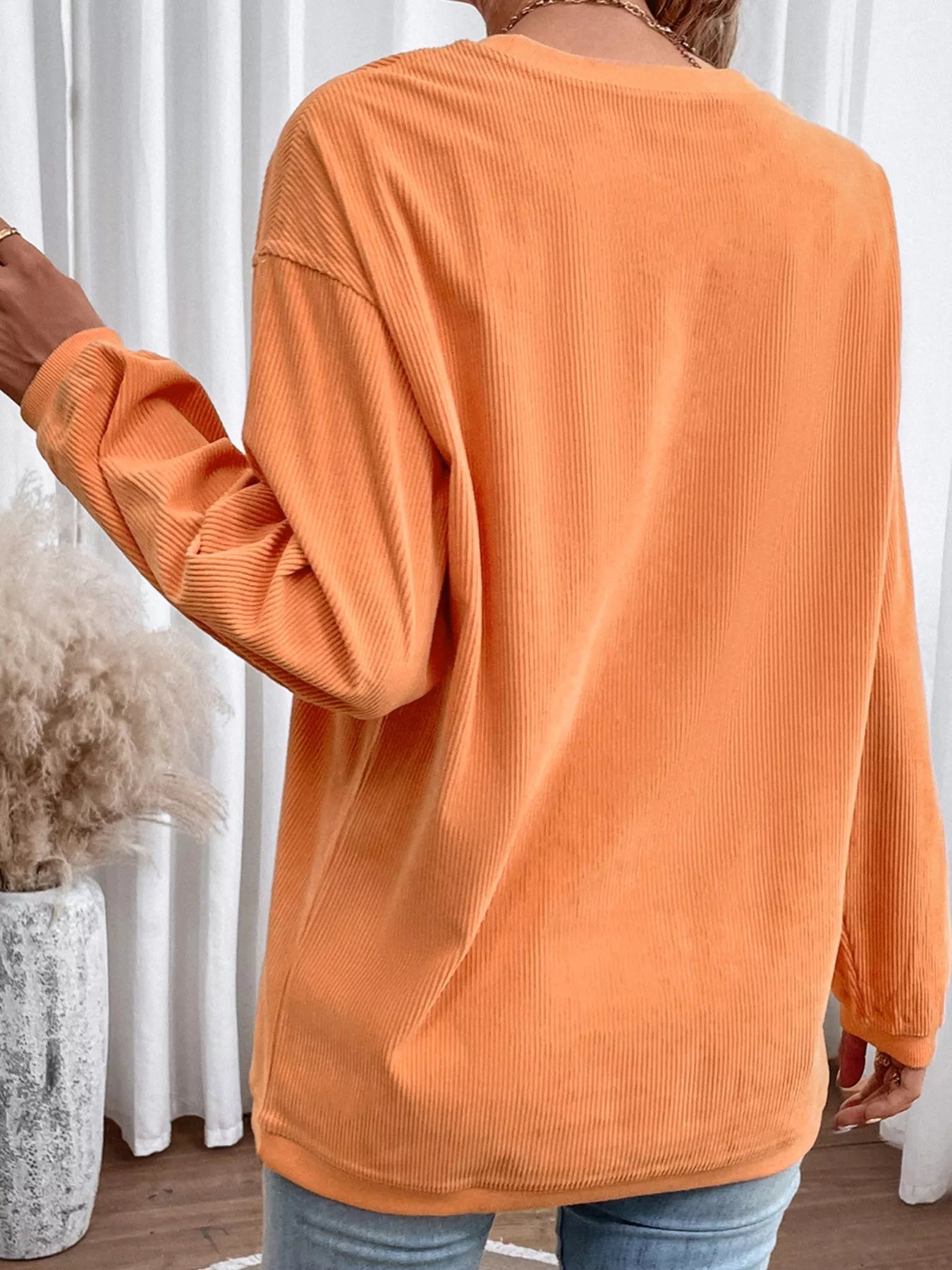 Halloween Sequined Pumpkin Ribbed Round Neck Sweatshirt - PBNJ FASHIONS