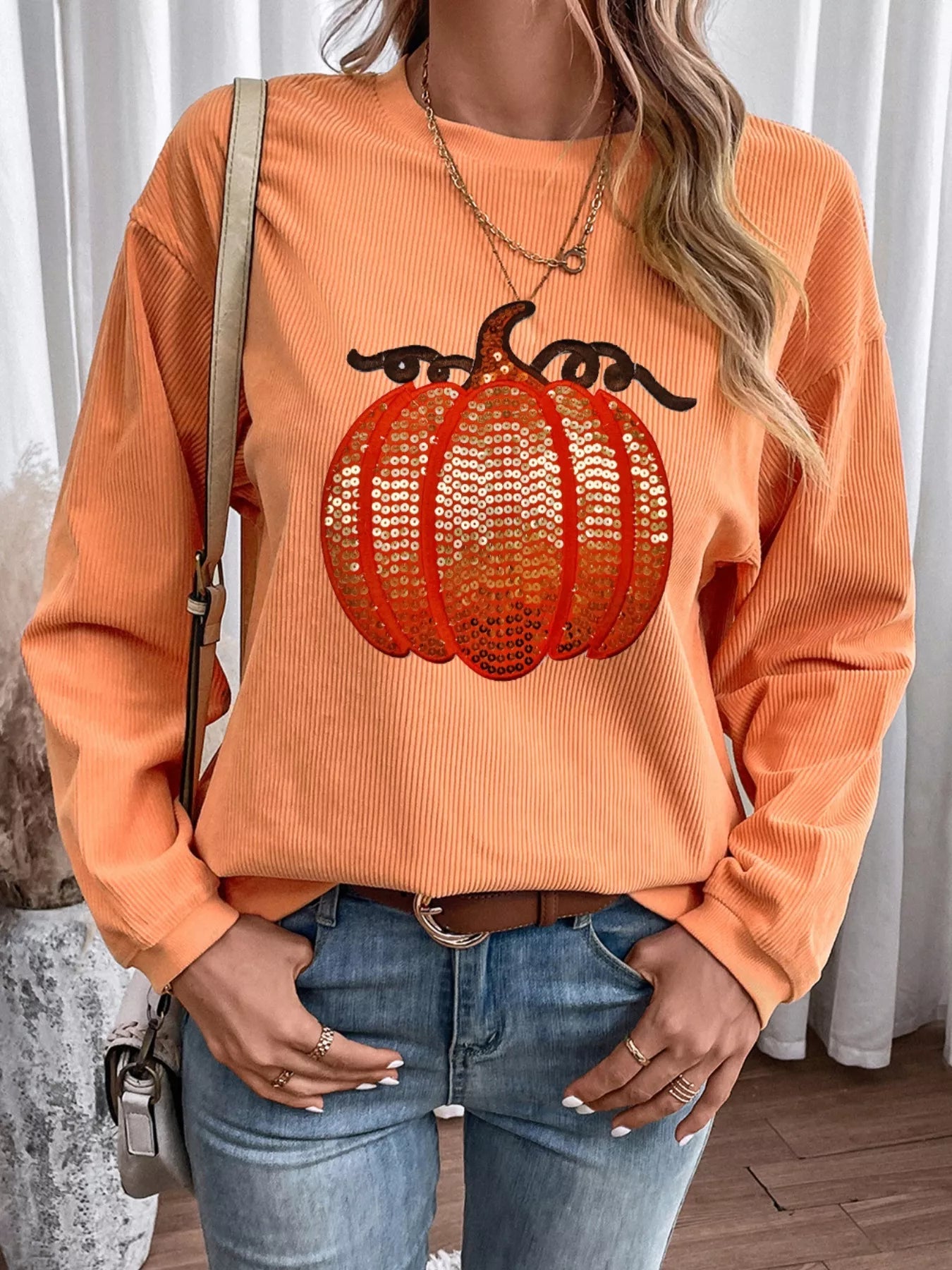 Halloween Sequined Pumpkin Ribbed Round Neck Sweatshirt - PBNJ FASHIONS