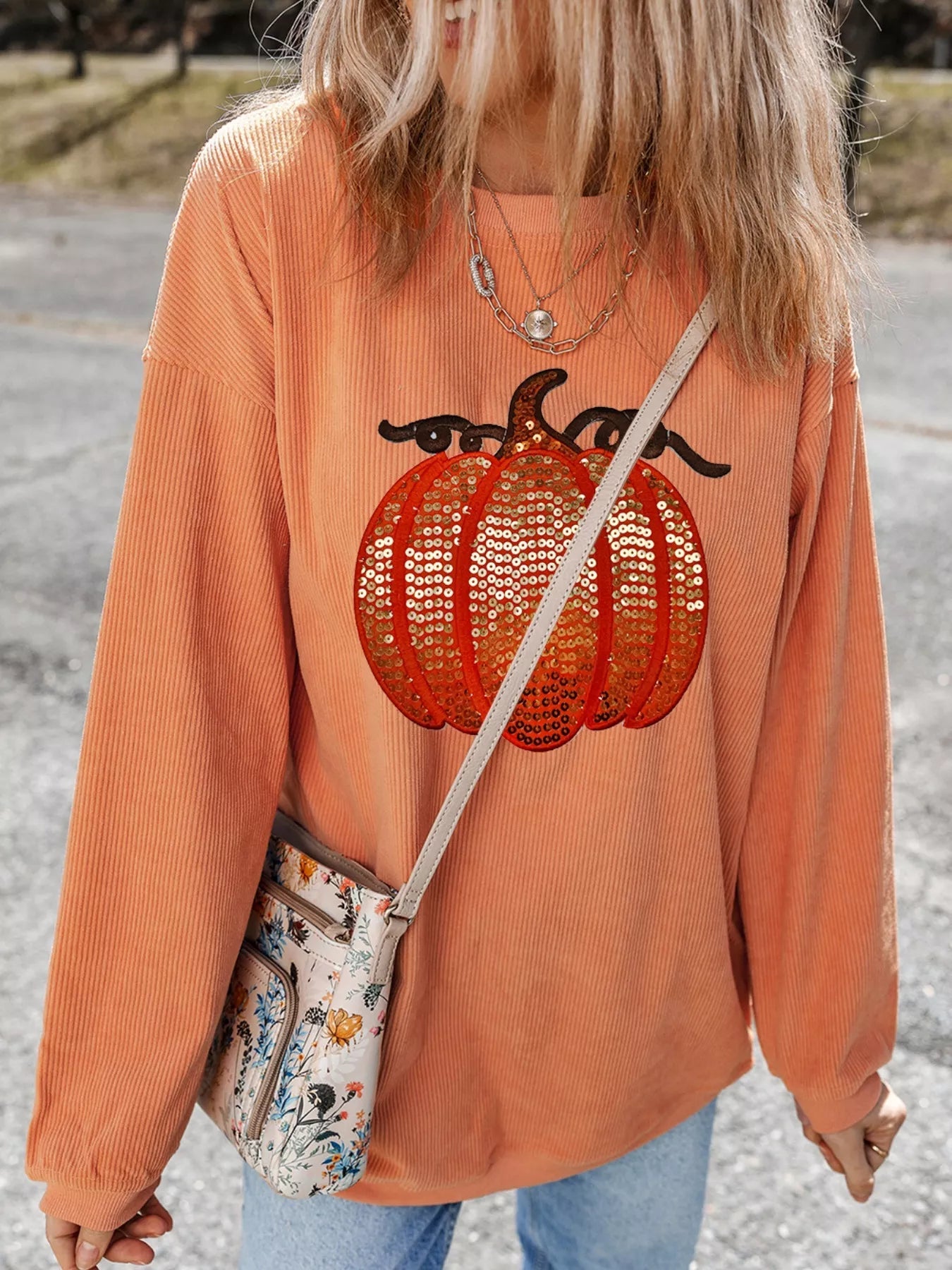 Halloween Sequined Pumpkin Ribbed Round Neck Sweatshirt - PBNJ FASHIONS