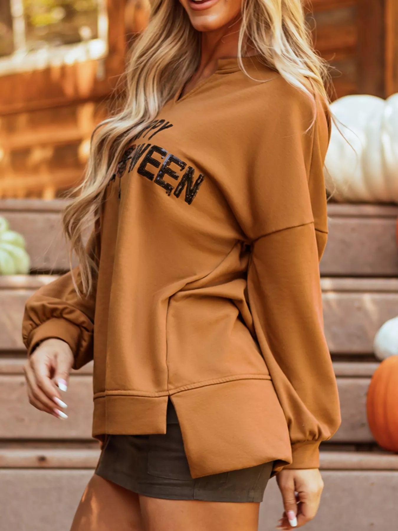 Happy Halloween Graphic Notched Long Sleeve Loose Top - PBNJ FASHIONS