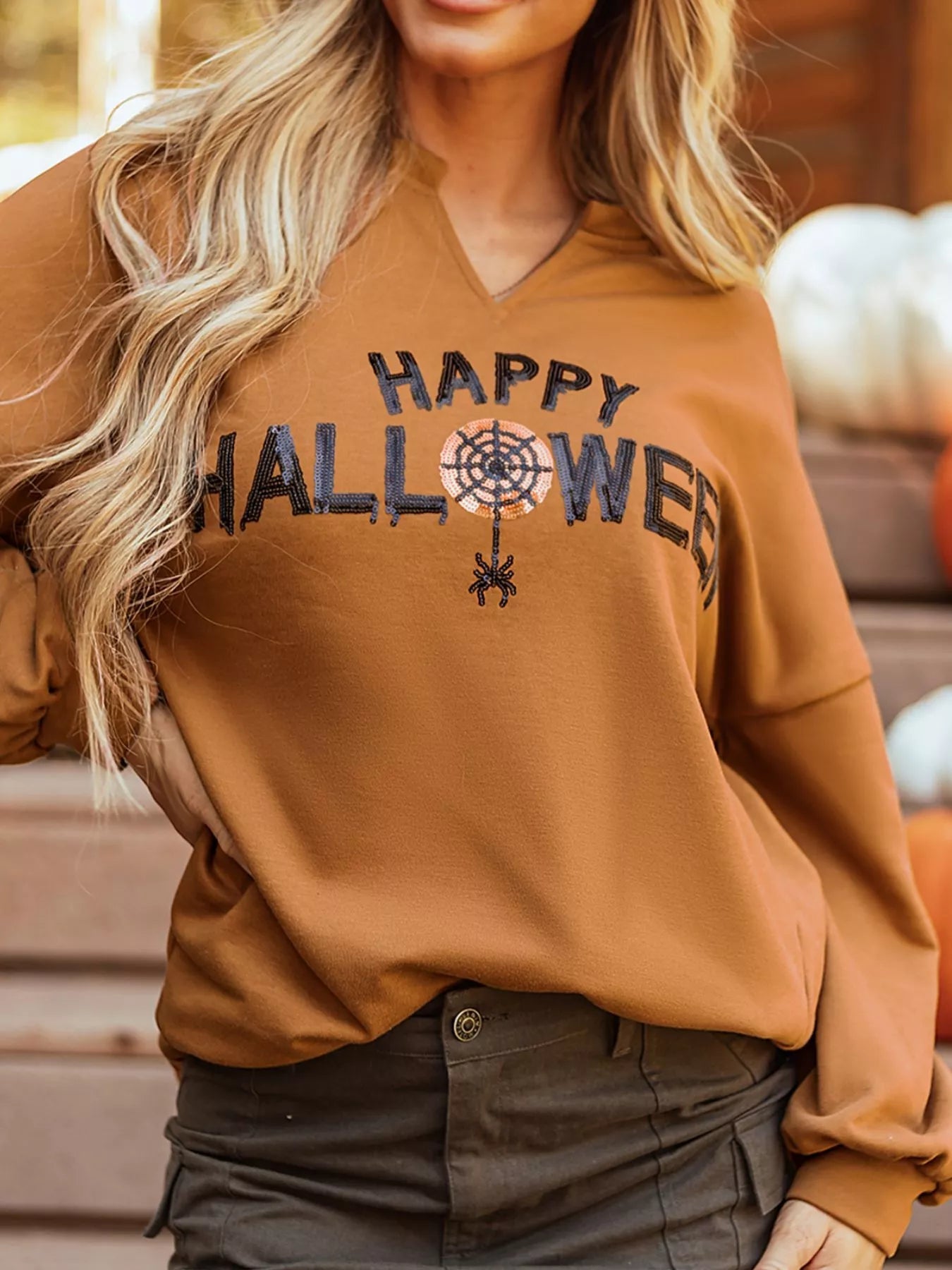 Happy Halloween Graphic Notched Long Sleeve Loose Top - PBNJ FASHIONS