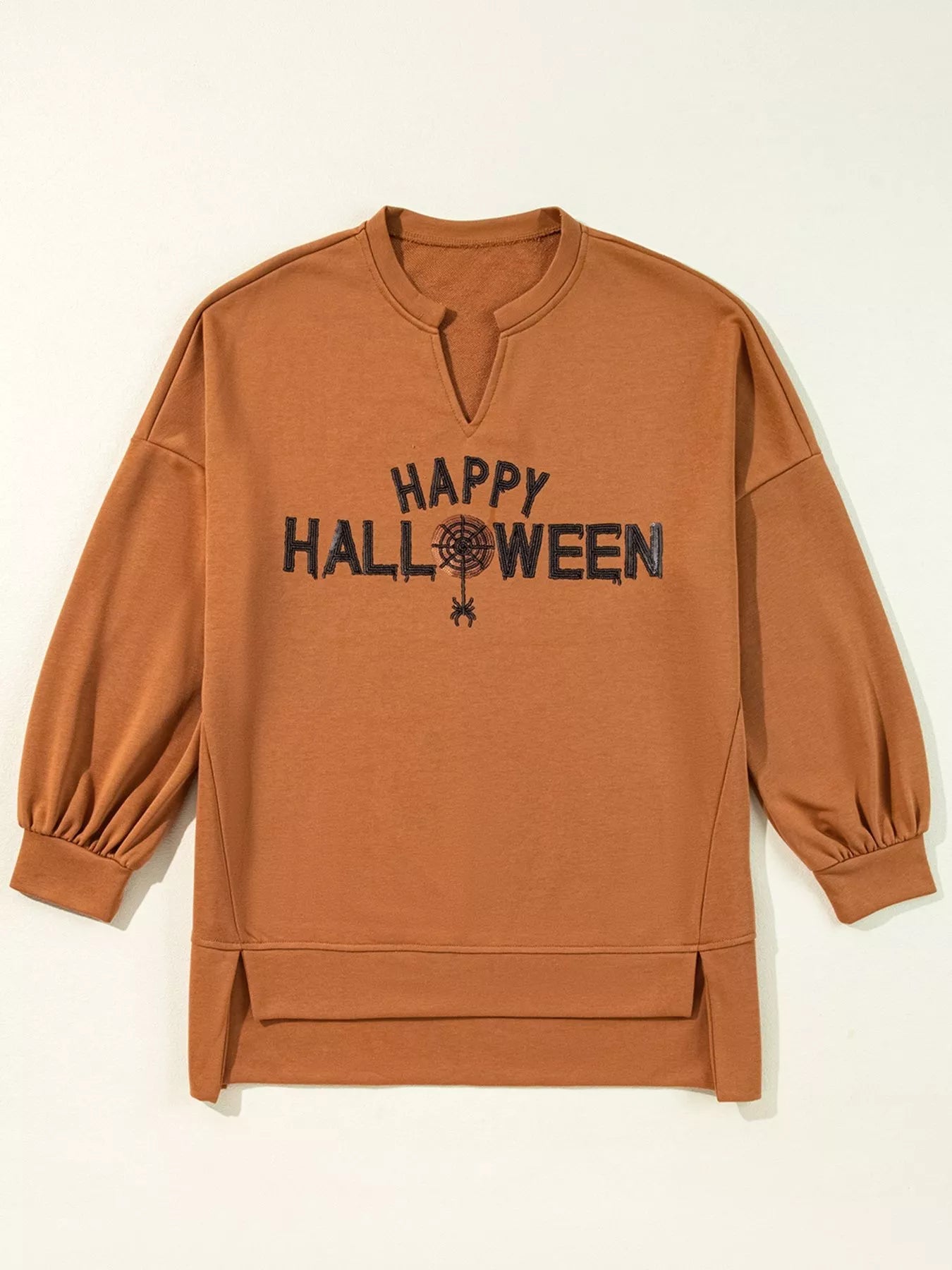 Happy Halloween Graphic Notched Long Sleeve Loose Top - PBNJ FASHIONS
