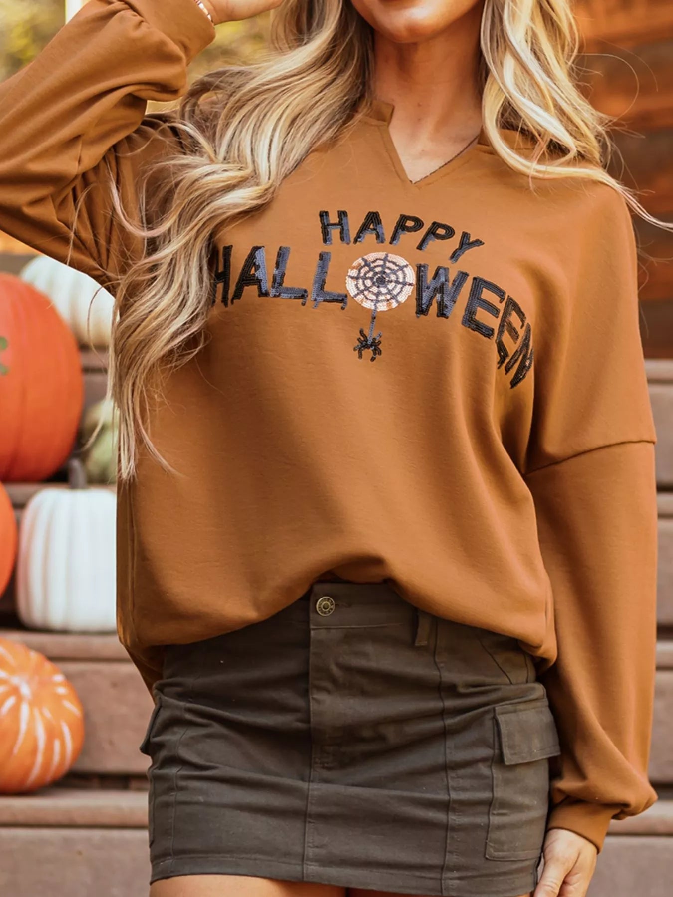 Happy Halloween Graphic Notched Long Sleeve Loose Top - PBNJ FASHIONS