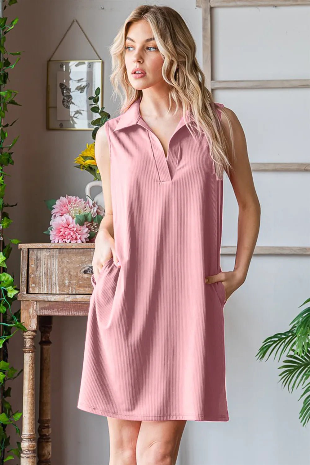 Heimish Full Size Ribbed Johnny Collar Sleeveless Dress - PBNJ FASHIONS