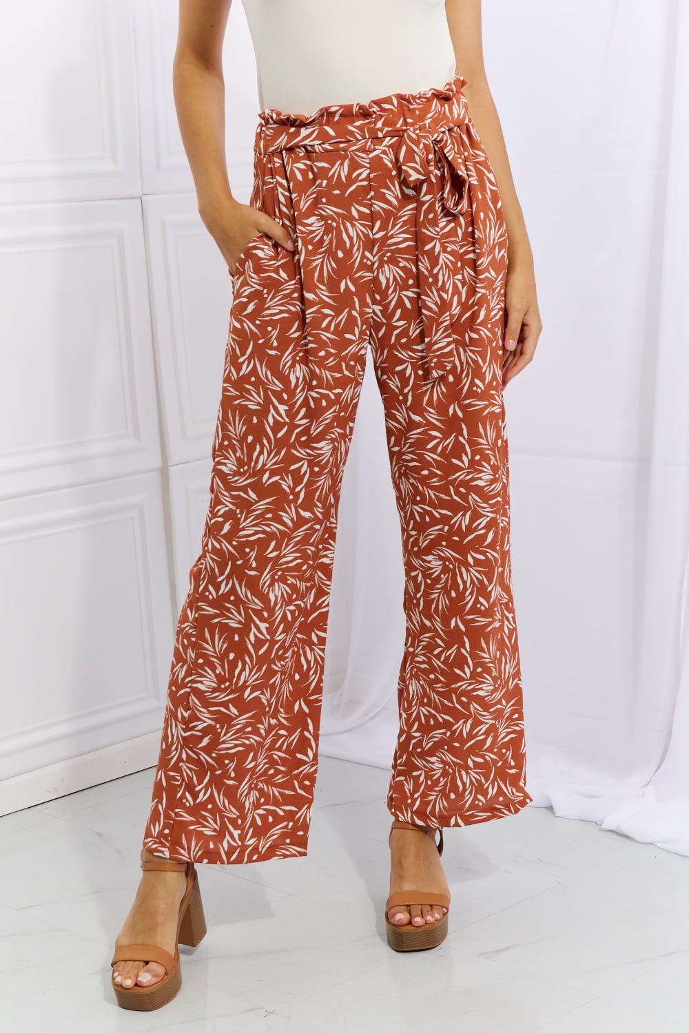 Heimish Right Angle Full Size Geometric Printed Pants in Red Orange - PBNJ FASHIONS
