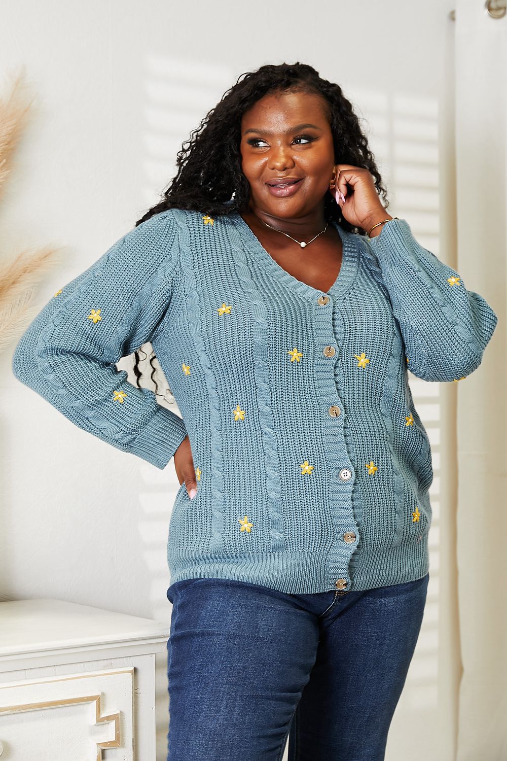 HEYSON Full Size Floral Embroidered Cable Cardigan - PBNJ FASHIONS