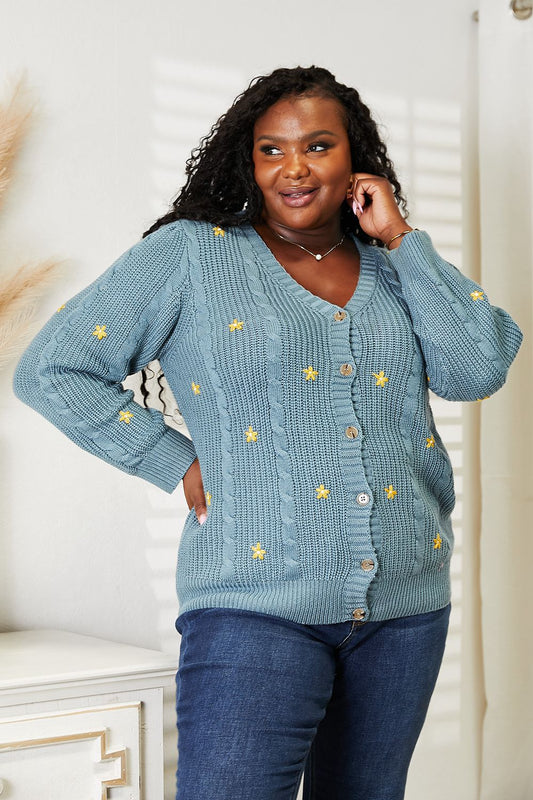 HEYSON Full Size Floral Embroidered Cable Cardigan - PBNJ FASHIONS
