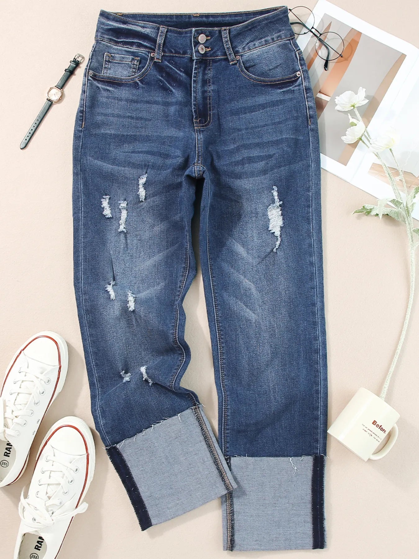 High Waist Distressed Straight Leg Jeans - PBNJ FASHIONS