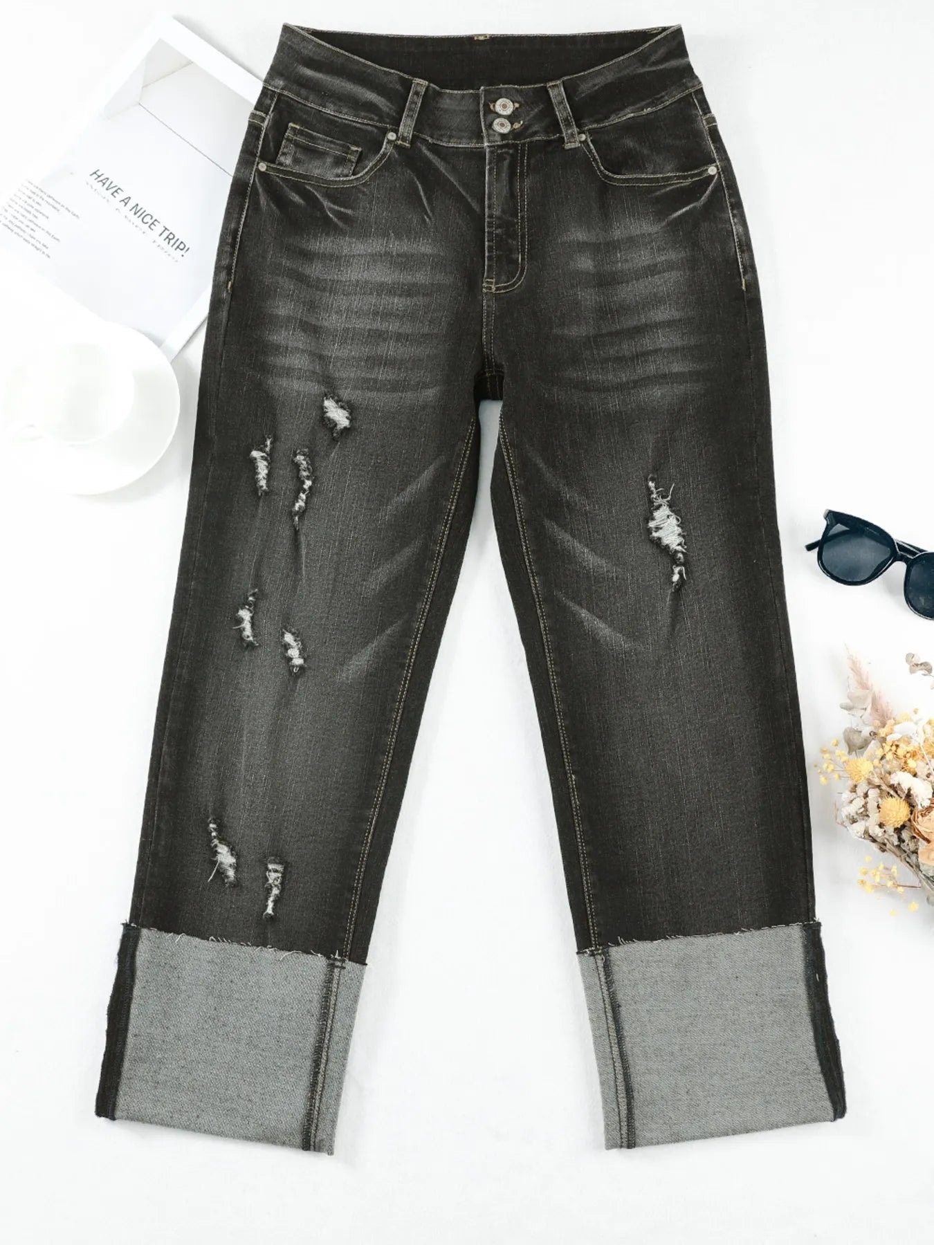 High Waist Distressed Straight Leg Jeans - PBNJ FASHIONS