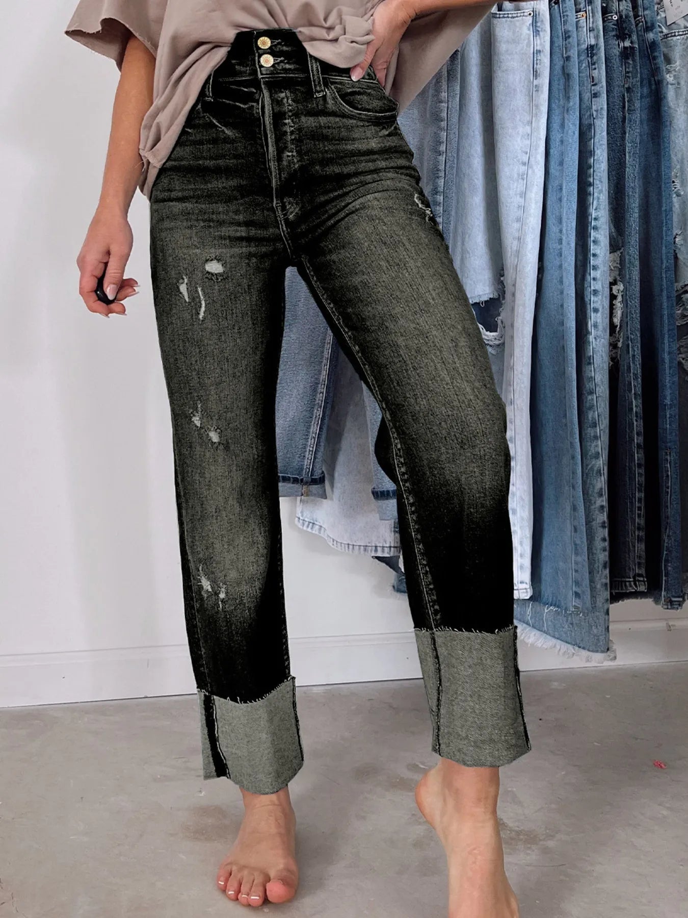 High Waist Distressed Straight Leg Jeans - PBNJ FASHIONS