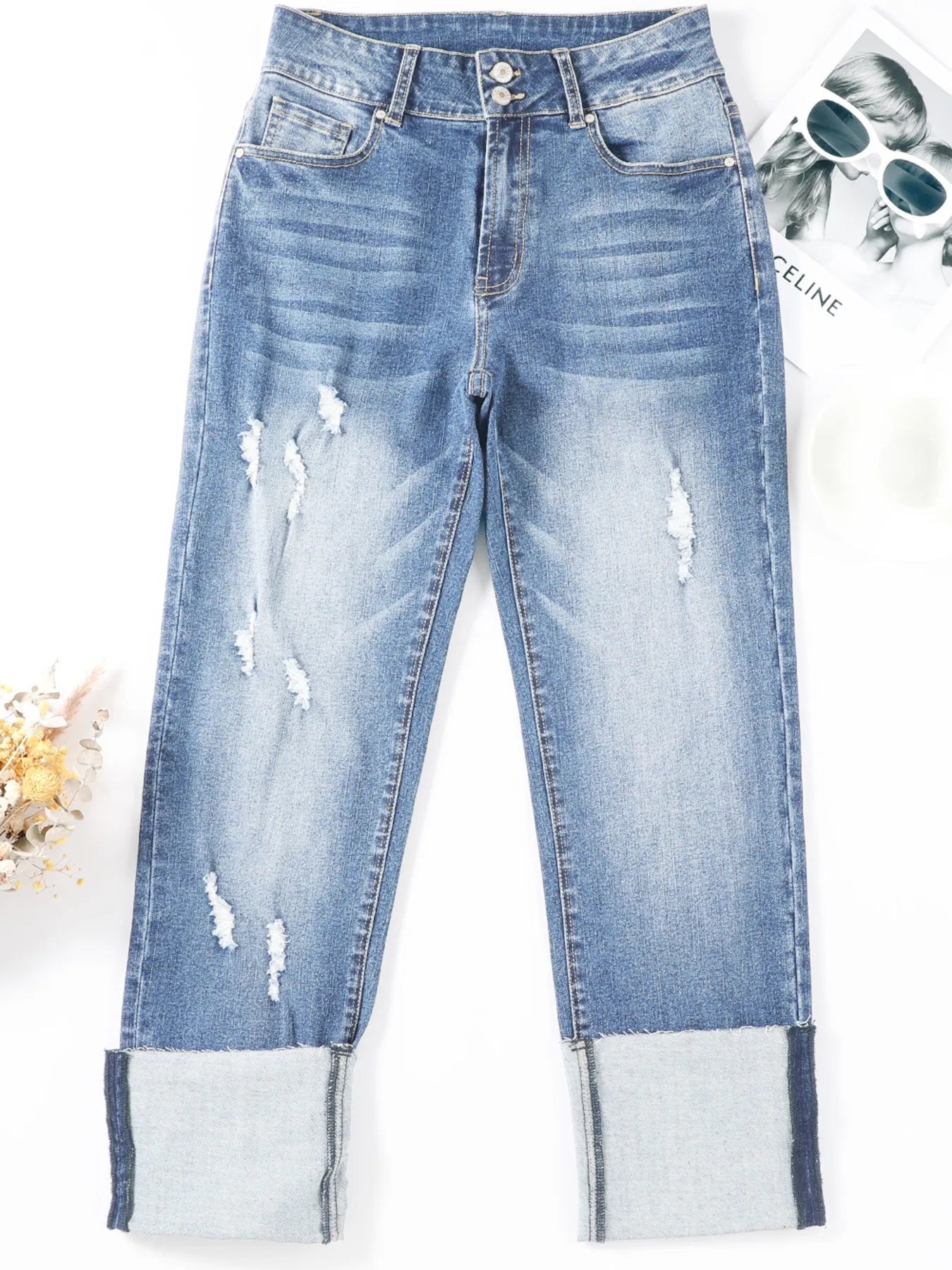 High Waist Distressed Straight Leg Jeans - PBNJ FASHIONS