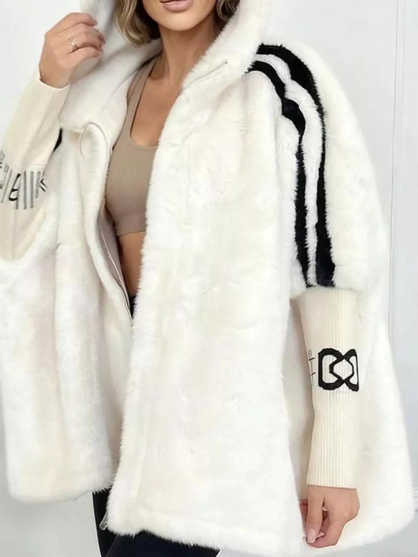 Hooded Faux Fur Striped Trim Outerwear - PBNJ FASHIONS