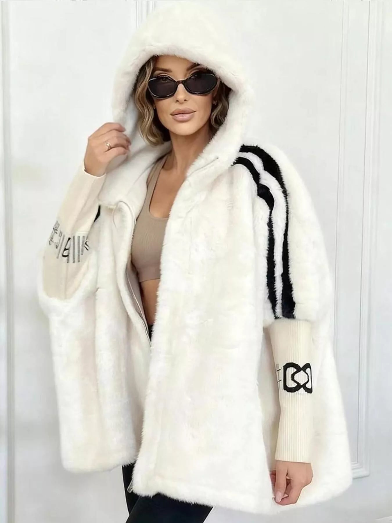 Hooded Faux Fur Striped Trim Outerwear - PBNJ FASHIONS