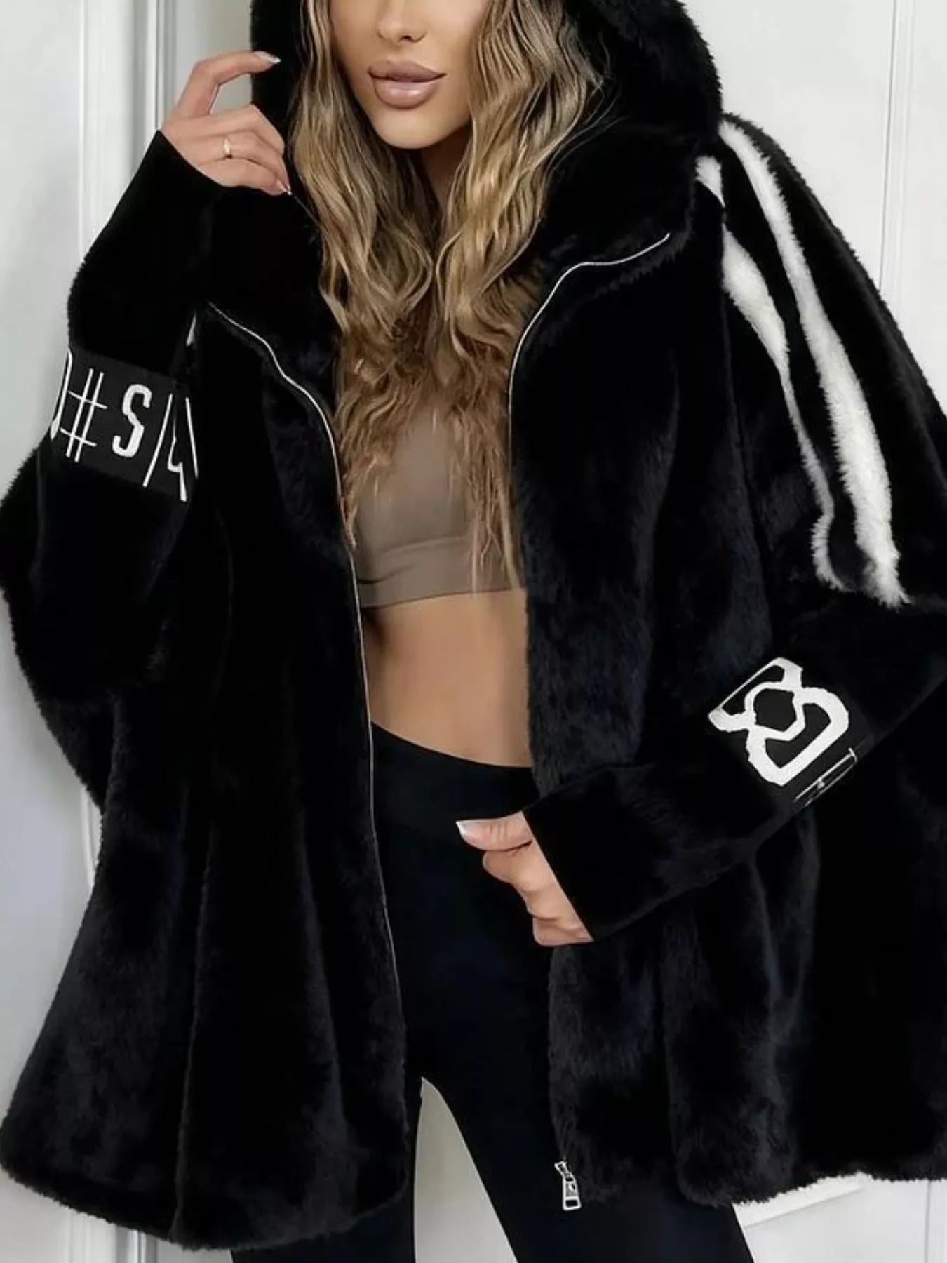 Hooded Faux Fur Striped Trim Outerwear - PBNJ FASHIONS