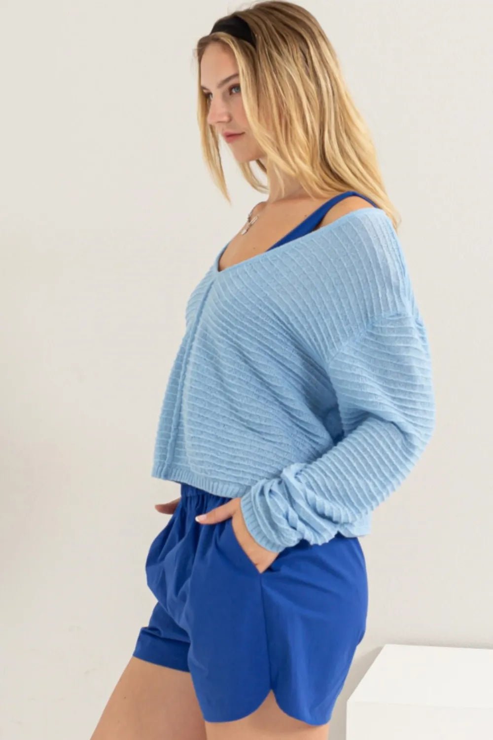 HYFVE V - Neck Stripe Texture Long Sleeve Top - PBNJ FASHIONS