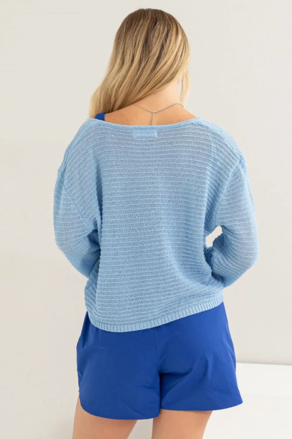 HYFVE V - Neck Stripe Texture Long Sleeve Top - PBNJ FASHIONS