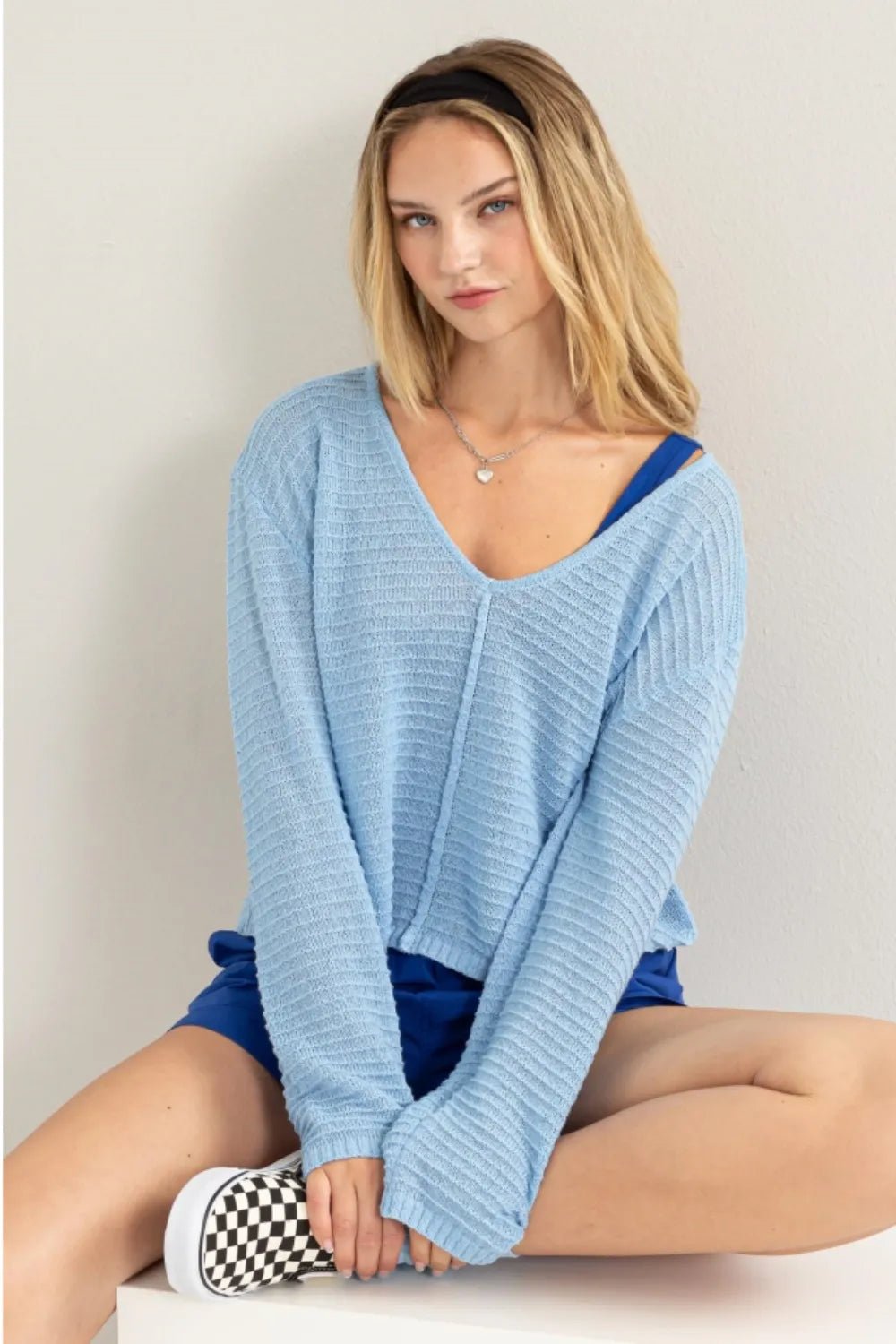 HYFVE V - Neck Stripe Texture Long Sleeve Top - PBNJ FASHIONS