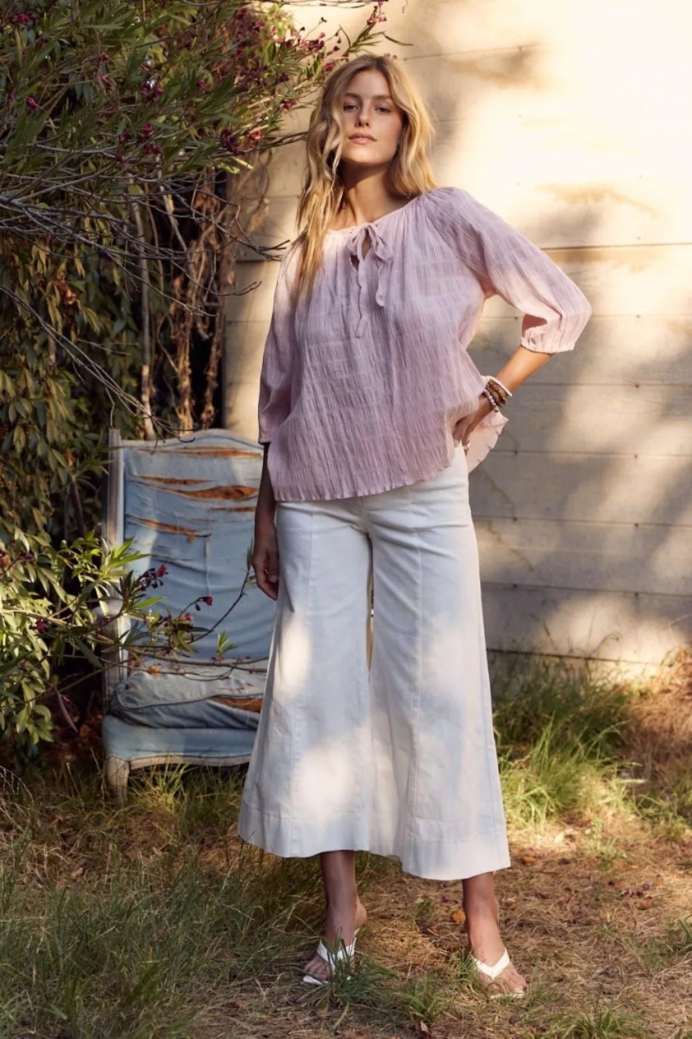 In February Textured Tie Neck Blouse - PBNJ FASHIONS