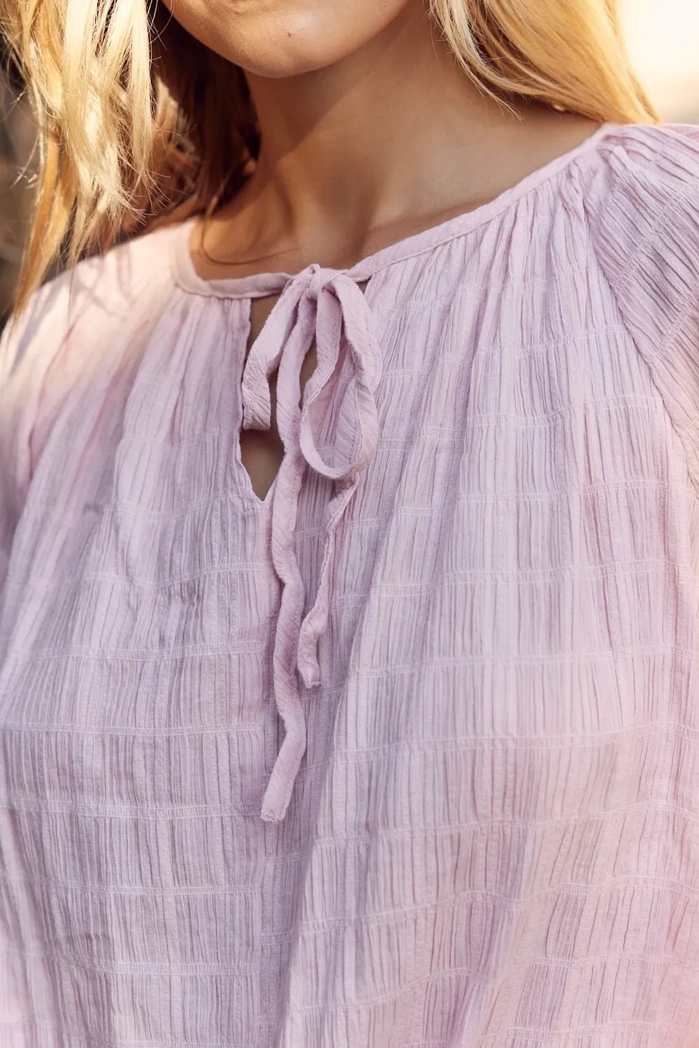 In February Textured Tie Neck Blouse - PBNJ FASHIONS