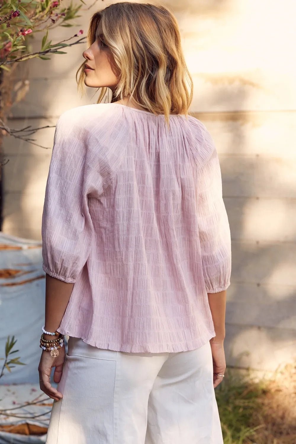 In February Textured Tie Neck Blouse - PBNJ FASHIONS