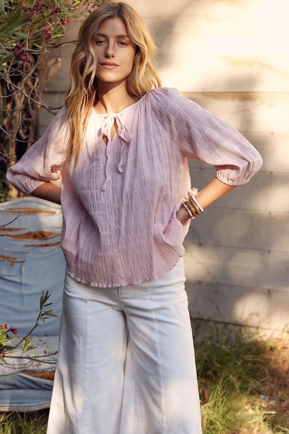 In February Textured Tie Neck Blouse - PBNJ FASHIONS