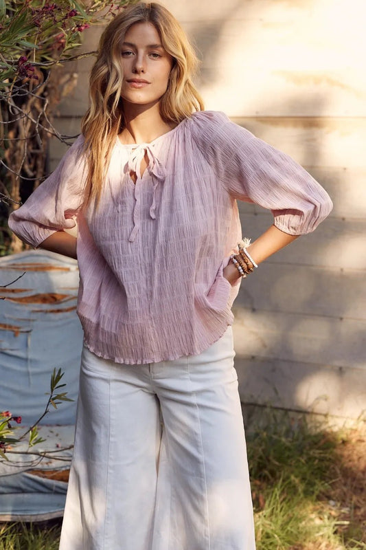In February Textured Tie Neck Blouse - PBNJ FASHIONS