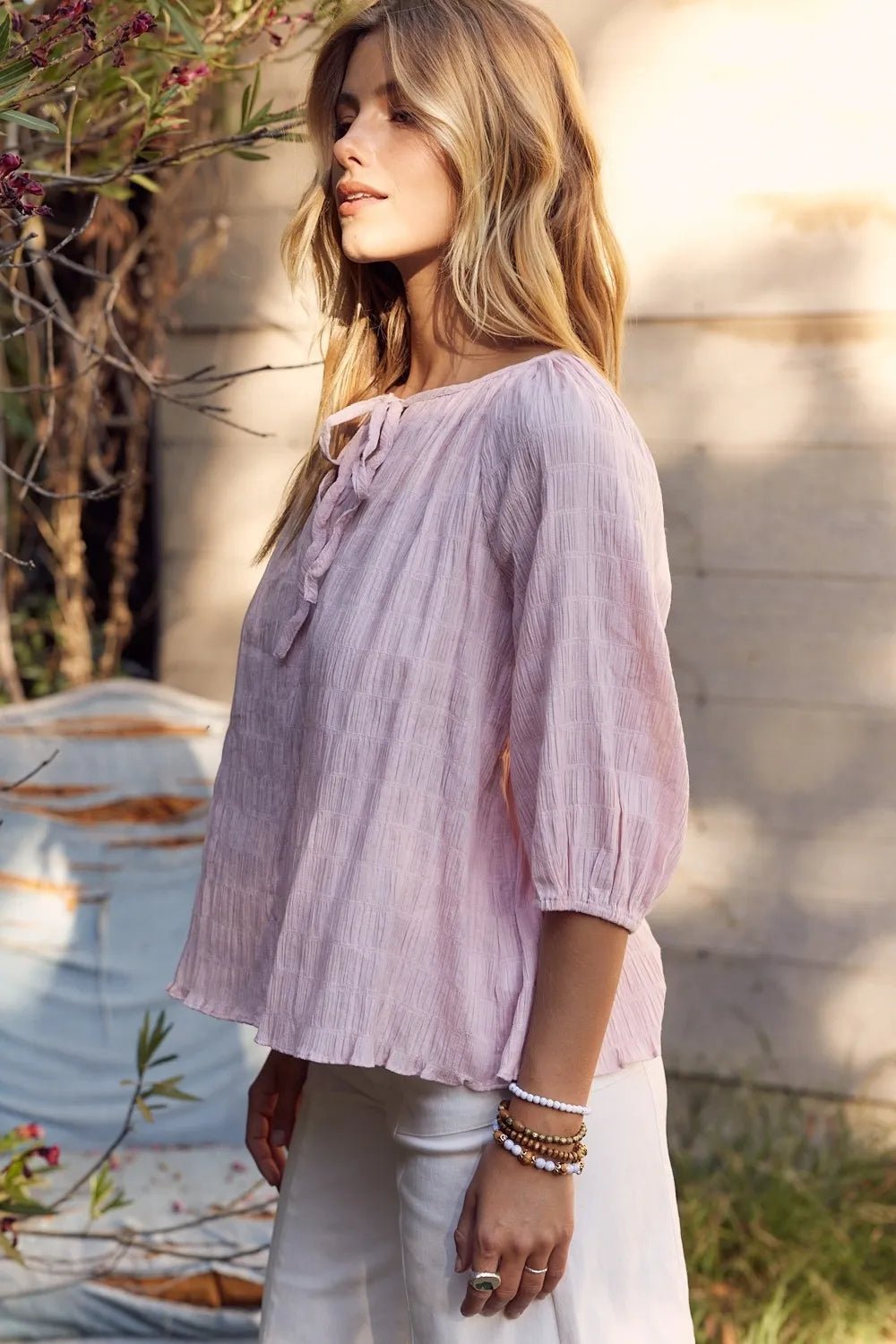 In February Textured Tie Neck Blouse - PBNJ FASHIONS