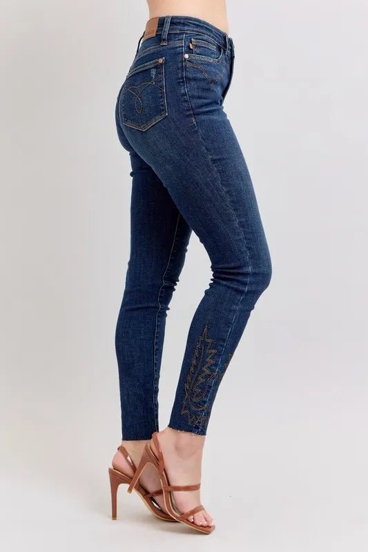 Judy Blue Full Size Embroidered High Rise Skinny Jeans Plus Size - Dark-0(24)- - PBNJ FASHIONS