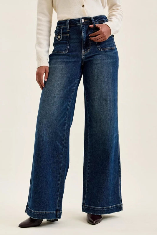 Judy Blue High Waist "lux" Retro Wide Jeans with Front Patch Tab Closure Dk Fade Indigo - PBNJ FASHIONS