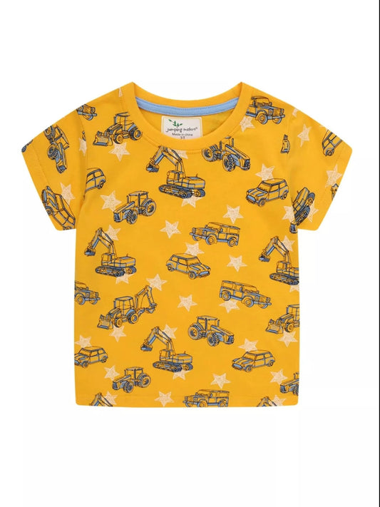 Kids Construction Vehicles Print Tee | Vibrant Illustrations | Soft Cotton | Imaginative Play - Mustard-2T- - PBNJ FASHIONS