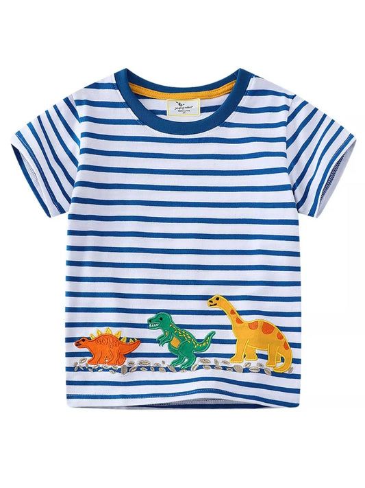 Kids' Dino Striped Tee | Premium Cotton | Stylish Design - Peacock Blue-2T- - PBNJ FASHIONS
