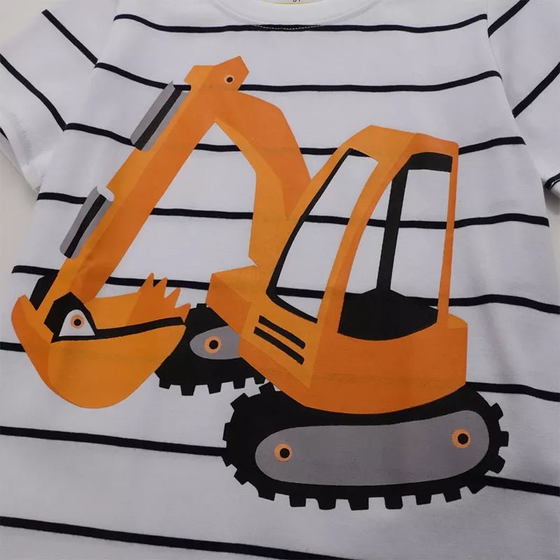 Kids Striped Excavator T-Shirt: Comfortable and Stylish Cotton Tee for Children - White-2T- - PBNJ FASHIONS