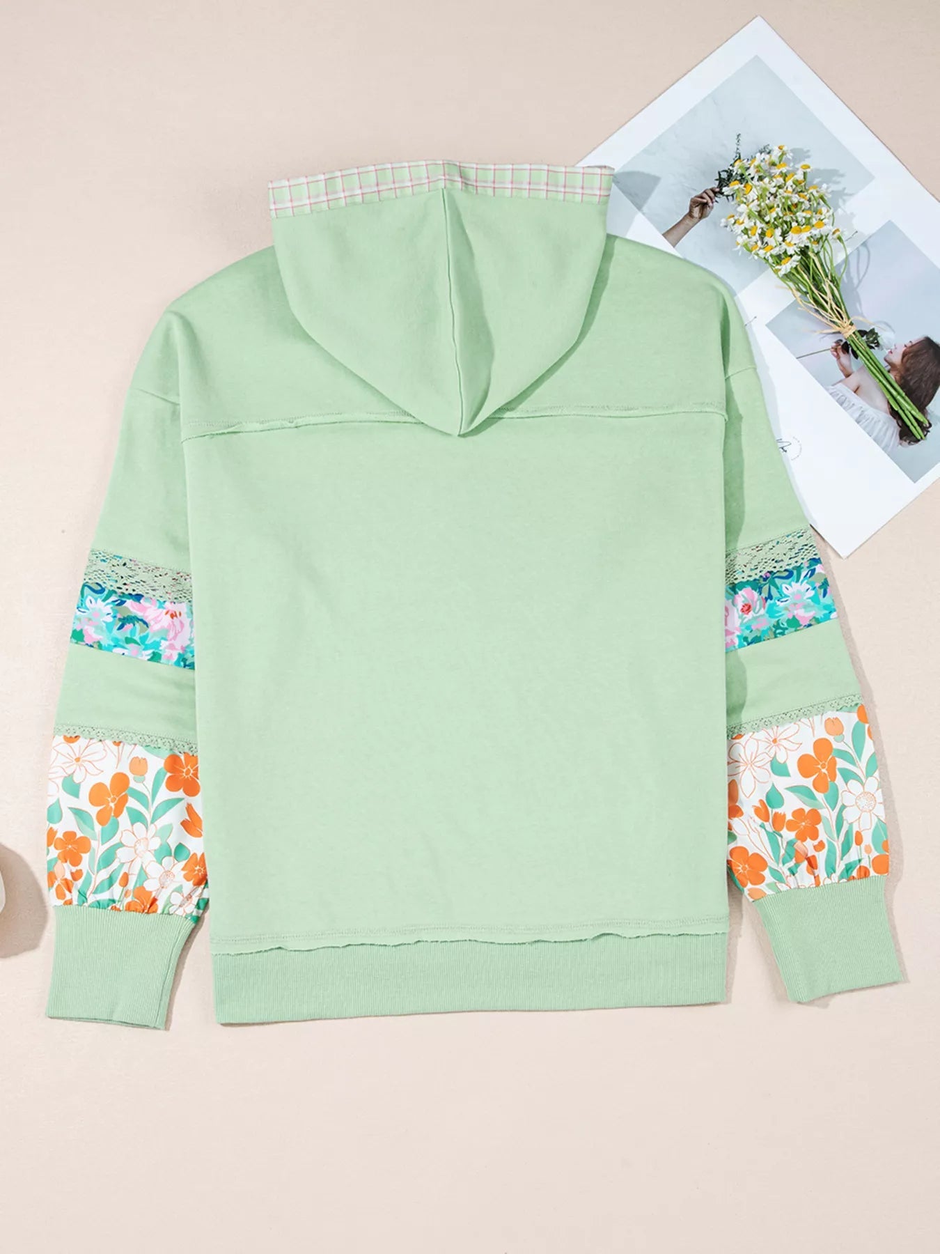 Lace Floral Patchwork Half Button Hooded Top - PBNJ FASHIONS